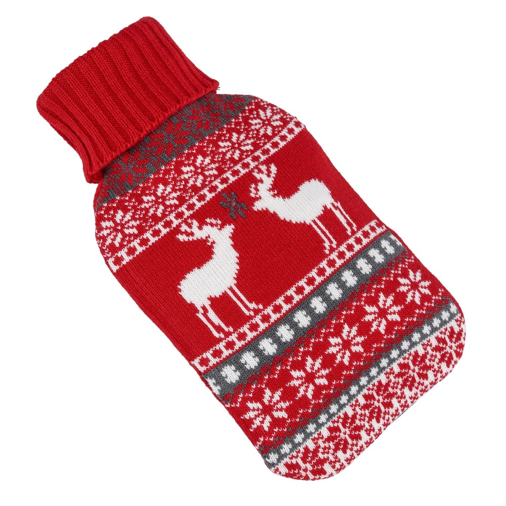 [5816] Gummi Wärmflasche mit Bezug Überzug Wärmeflasche Wärme Bett Winter-Design 2Liter (Rot)