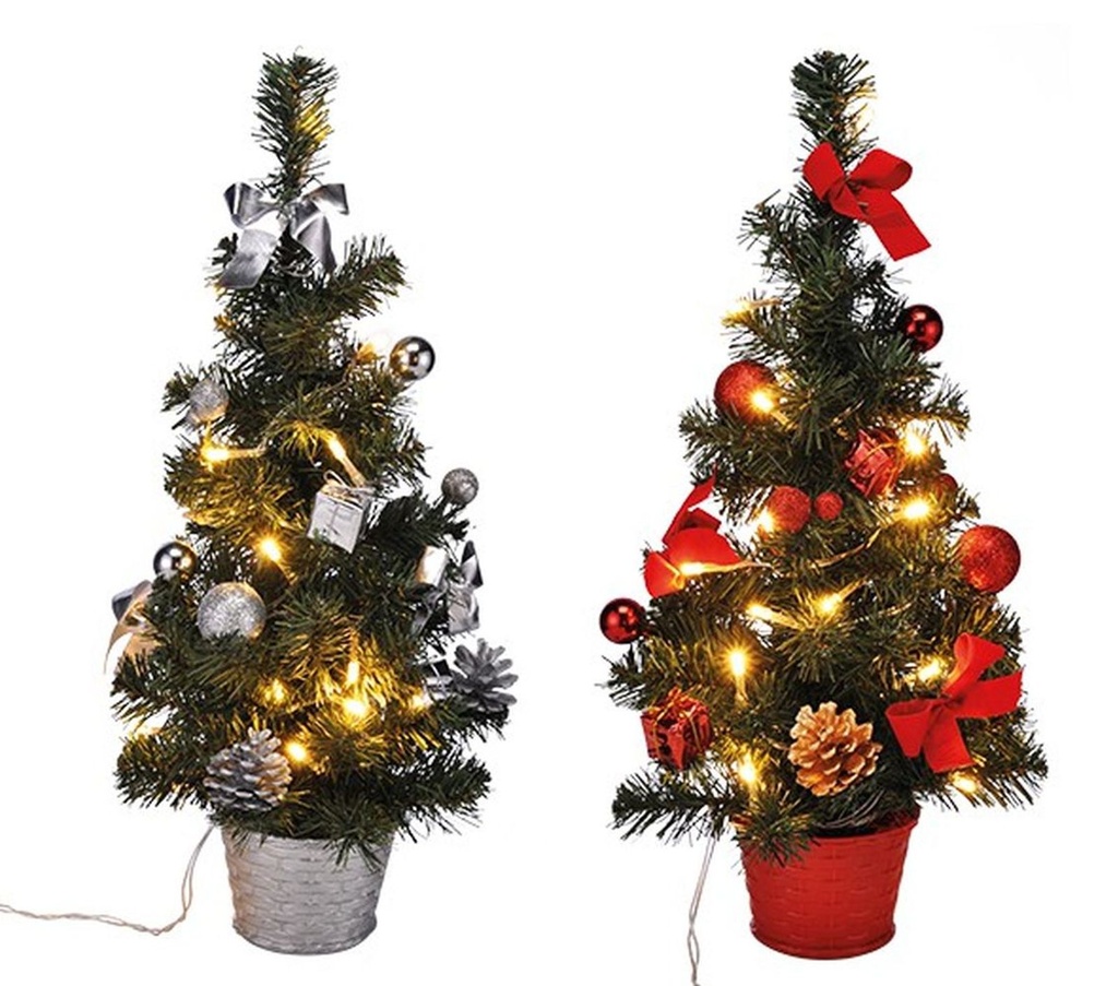 [5899] Künstlicher Weihnachtsbaum 40 cm mit LED Beleuchtung und Deko (Rot)