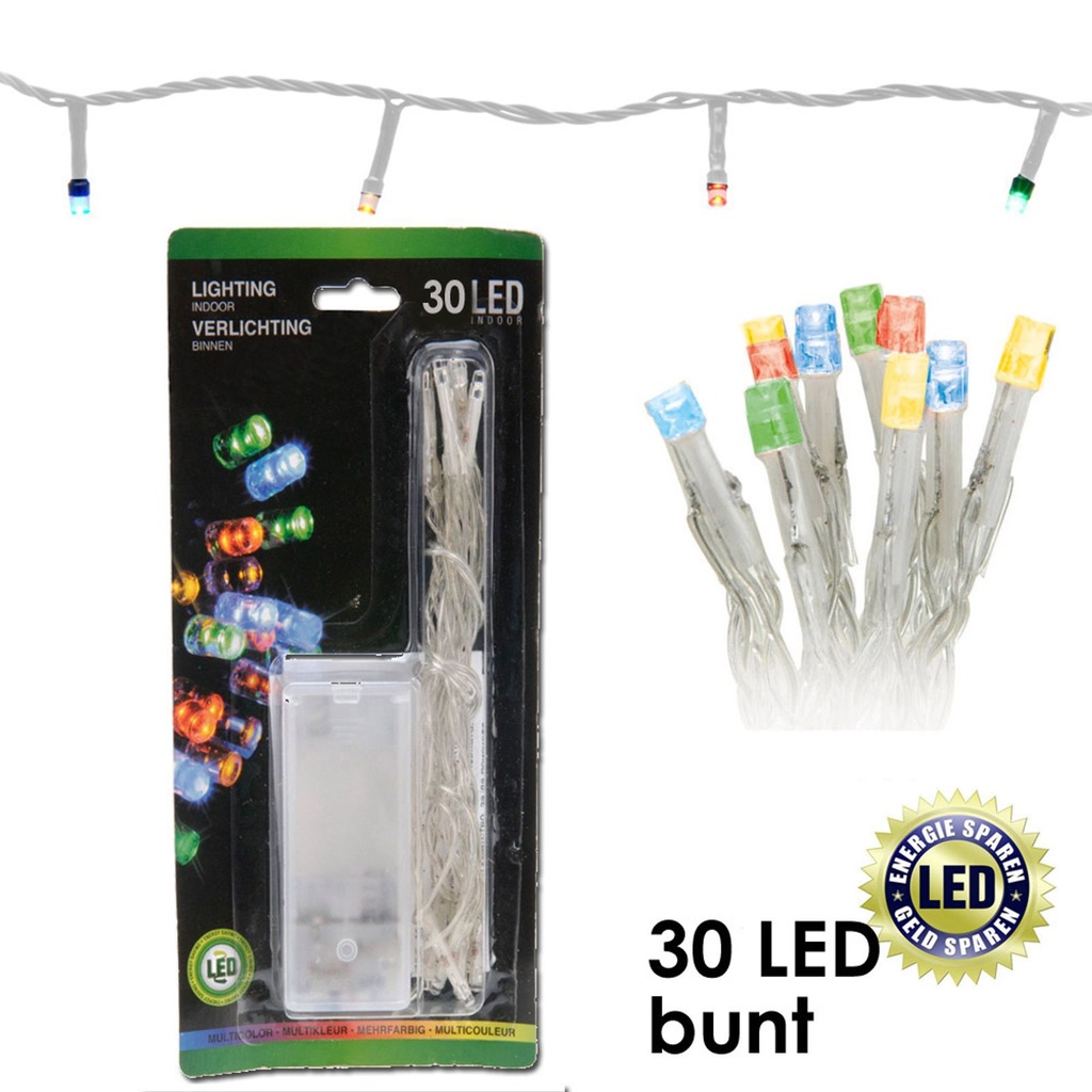 [8471] 30 LED Lichterkette Beleuchtung Weihnachten Batteriebetrieben (Bunt)