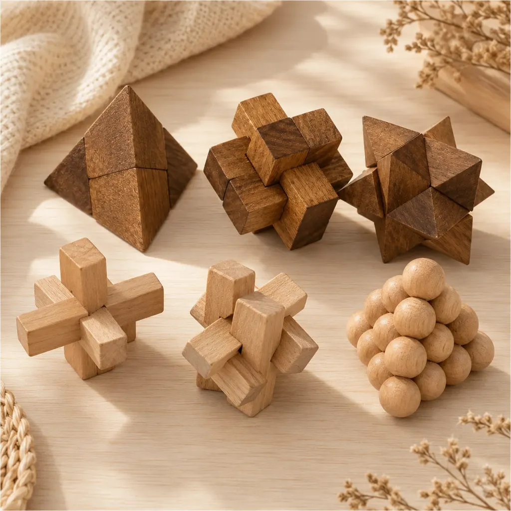 [18425] Naturholz Geduldsspiel 6er Set 4,5 cm Knobelspiel