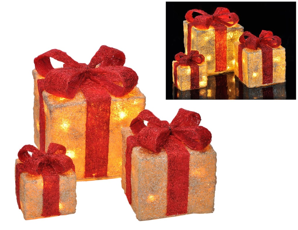 [2316] LED Geschenkboxen 3er Set warmweiß Timer Batteriebetrieb Sisal