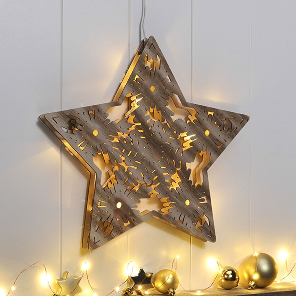 [3904] LED Holzstern 12 warmweiße LEDs Weihnachtsdeko Innen Batteriebetrieb