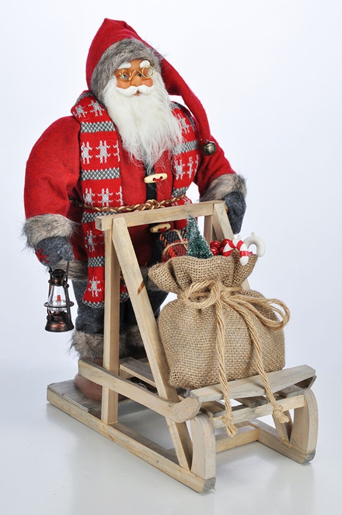 [7295] Weihnachtsmann Santa Claus Nikolaus mit Schlitten stehend Weihnachtsdeko Holz