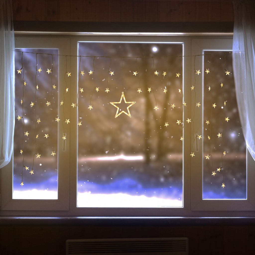 [8028] Sternenvorhang LED warmweiß 90 Lichter Innen Außen 140x95 cm