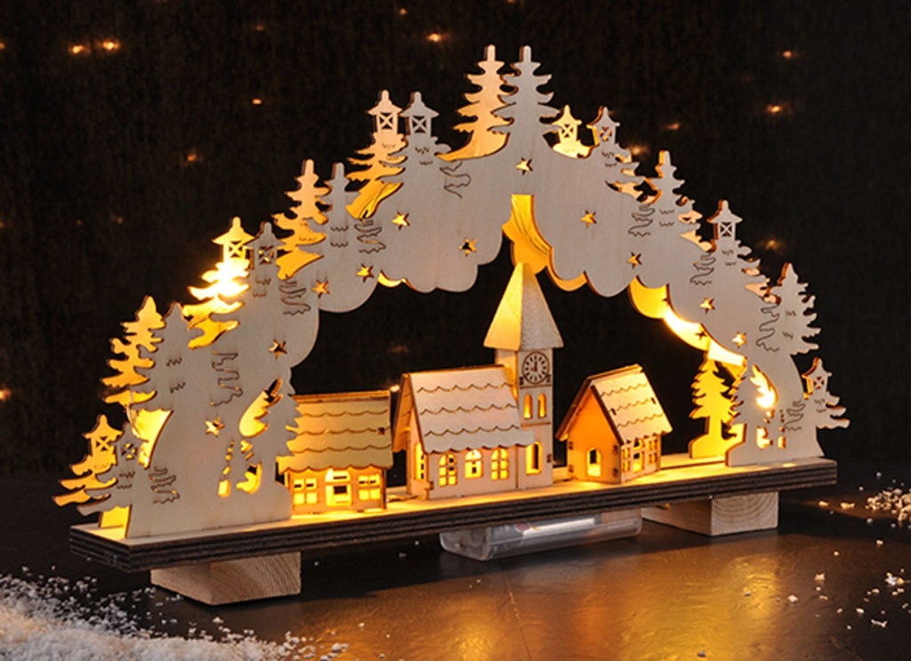 [8114] LED Lichterbogen Leuchtbogen Schwibbogen Weihnachten Kirche Dorf Holz