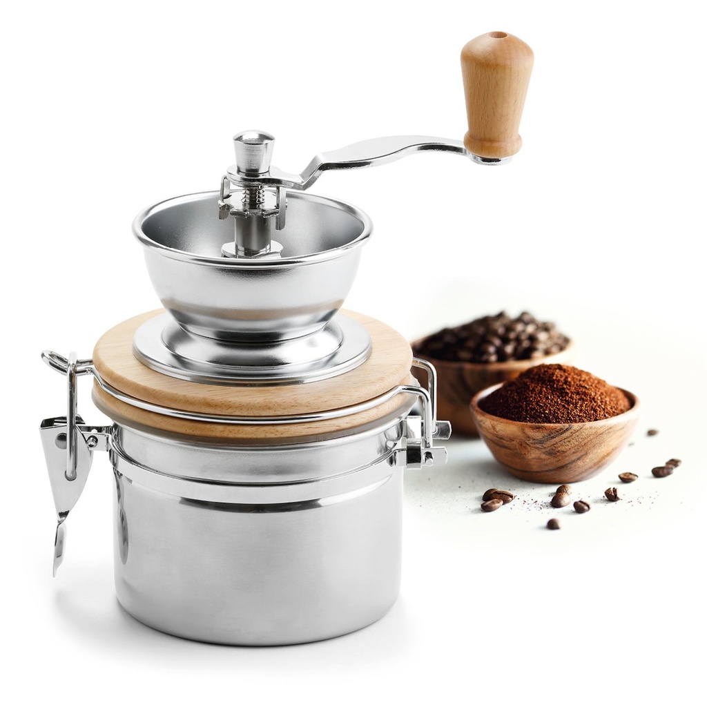 [15321] Kaffeemühle mit Keramikmahlwerk mit Auffangbehälter 500 ml aus Edelstahl & Holz