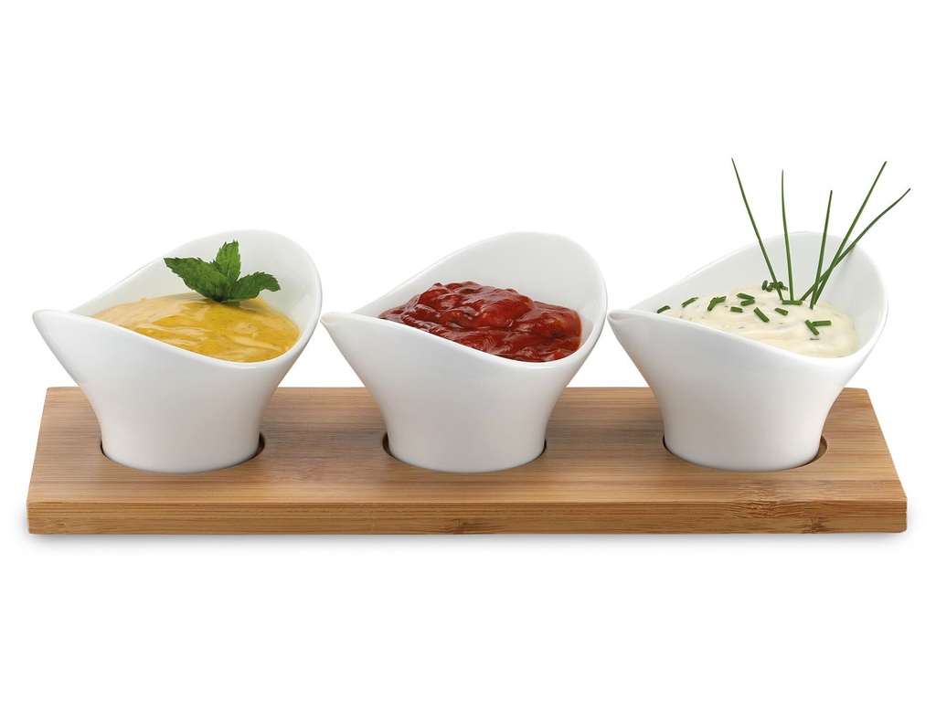 [15323] Servierset mit 3 aufgesetzten Schalen für Saucen Dips oder Snacks aus Porzellan