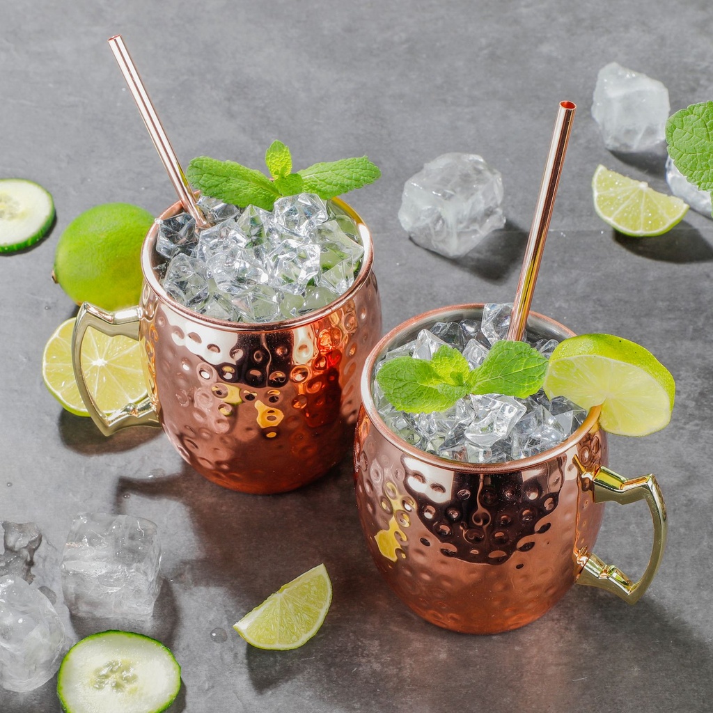 [15502] 2er Set Mule Becher Kupferbecher mit Trinkhalmen 500 ml in Kupfer Edelstahl
