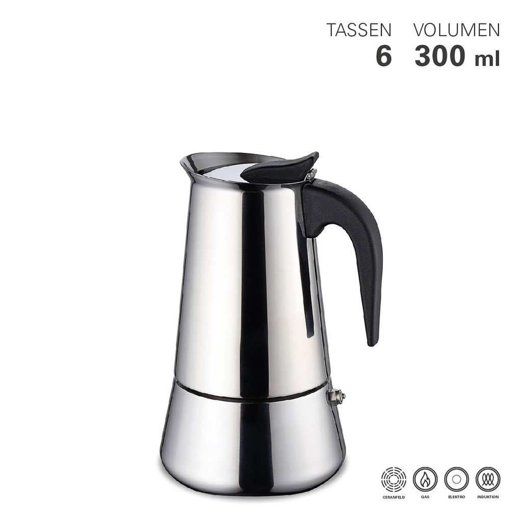 [15523] Edelstahl Espressokocher 6 Tassen Mokkakanne Induktion Sicherheitsventil 300 ml