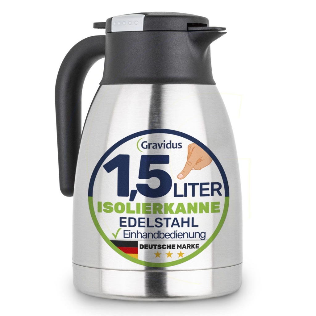 [17759] Edelstahl Isolierkanne 1,5 Liter mit Einhandbedienung