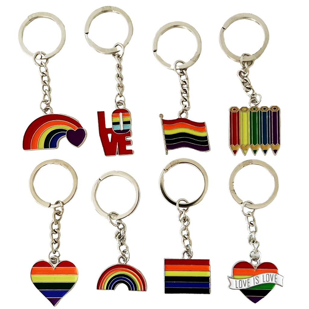 [18038] Pride 8er Set Metall-Schlüsselanhänger verschiedene Designs Regenbogen